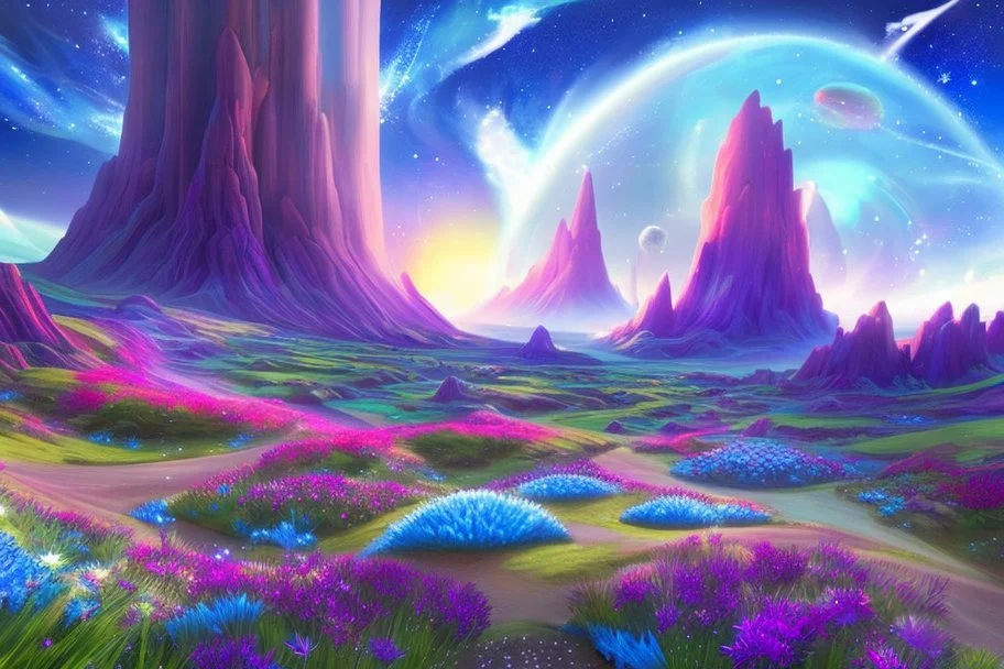 fairy and cosmic landscape with blue grass, magic plants, sky with light and stars