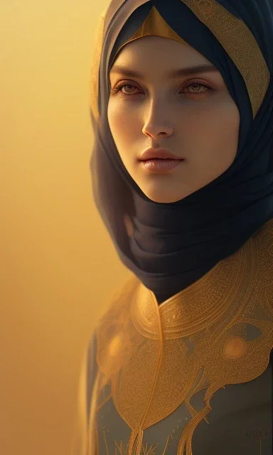 Arabic poet , cute, beautiful, long hair, wavy hair, black eyes,She wears an Arab abaya، head and shoulders portrait, cinematic, 8k, resolution concept art portrait by Greg Rutkowski, Artgerm, WLOP, Alphonse Mucha dynamic lighting hyperdetailed intricately detailed