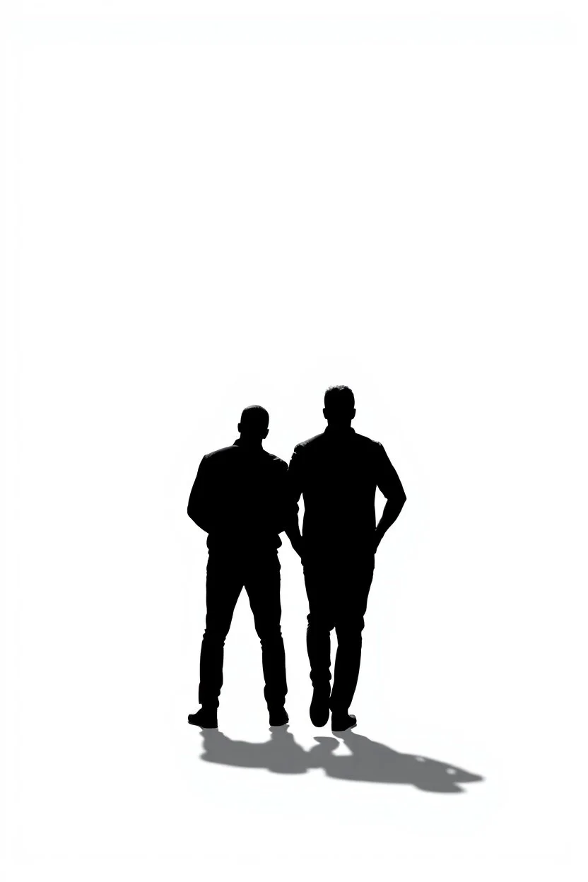 black silhouette of two men walking away from the camera on solid white background