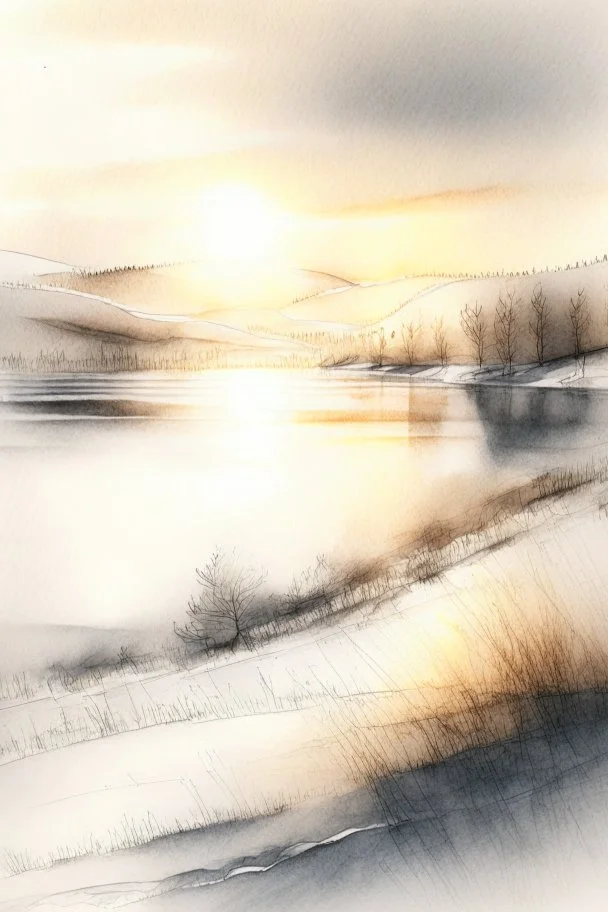 Rolling hills, lake, winter, snow, sunrise Modifiers: smooth intricate high definition beautiful lighting pencil sketch watercolor polished warm light watercolor and ink LNF