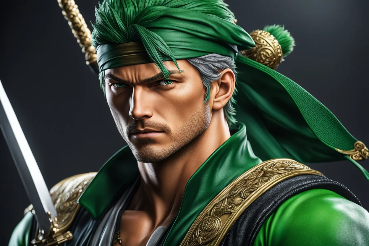 Zoro in 8k live action artstyle, one piece them, Young man, dynamic pose, intricate details, highly detailed, high details, detailed portrait, masterpiece,ultra detailed, ultra quality