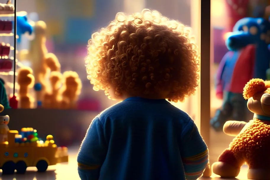 a little boy with curly blond hair is standing with his back to us, looking at toys (stuffed animals, building blocks, trains, legos, rocking horses) in a toy shop window Nikon D850 digital painting fantasy 4k very attractive fantastic view ultra detailed 4K 3D cinematic postprocessing in sunshine