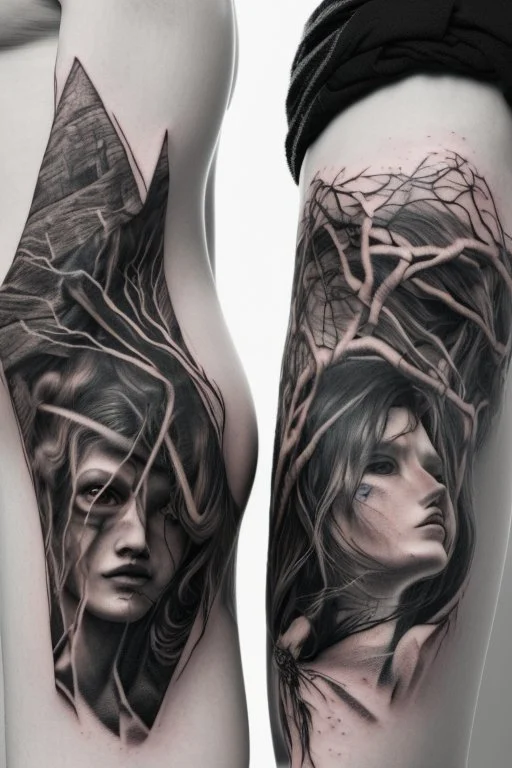 Multiple entanglements between a twisted thin piece of cloth as part of many twisted and spiraling branches disappearing into the distant mist, epic photo, 2 beautiful lovers are embracing, stunning tattoos that intwine with eachothers tattoos,sharp on highly detailed skin with wrinkles and high contrast, photorealistic, explosion of extacy,4K, 3D, realism, hyperrealism, detail, good lighting, detailed texture, modern photography style, 3D, 4D, 4K