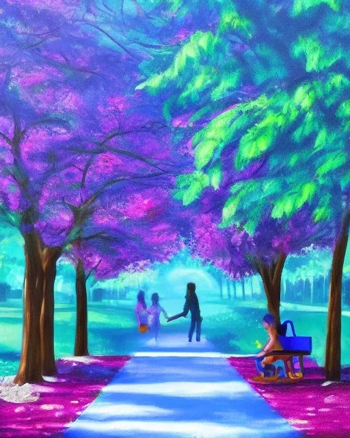 park mystical dream, park bench, man, woman, child, dog, pretty blue and purple trees, blue path, bird, jogger, sunshine, mystical, fantasy, romanticism, cinematic, award-winning, beautiful colors, daylight, daytime, acrylic painting,