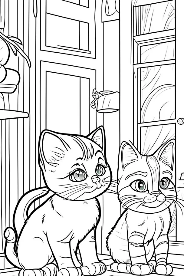 coloring page for kids, Cats in the house, cartoon style, thick lines, low detail, no shading