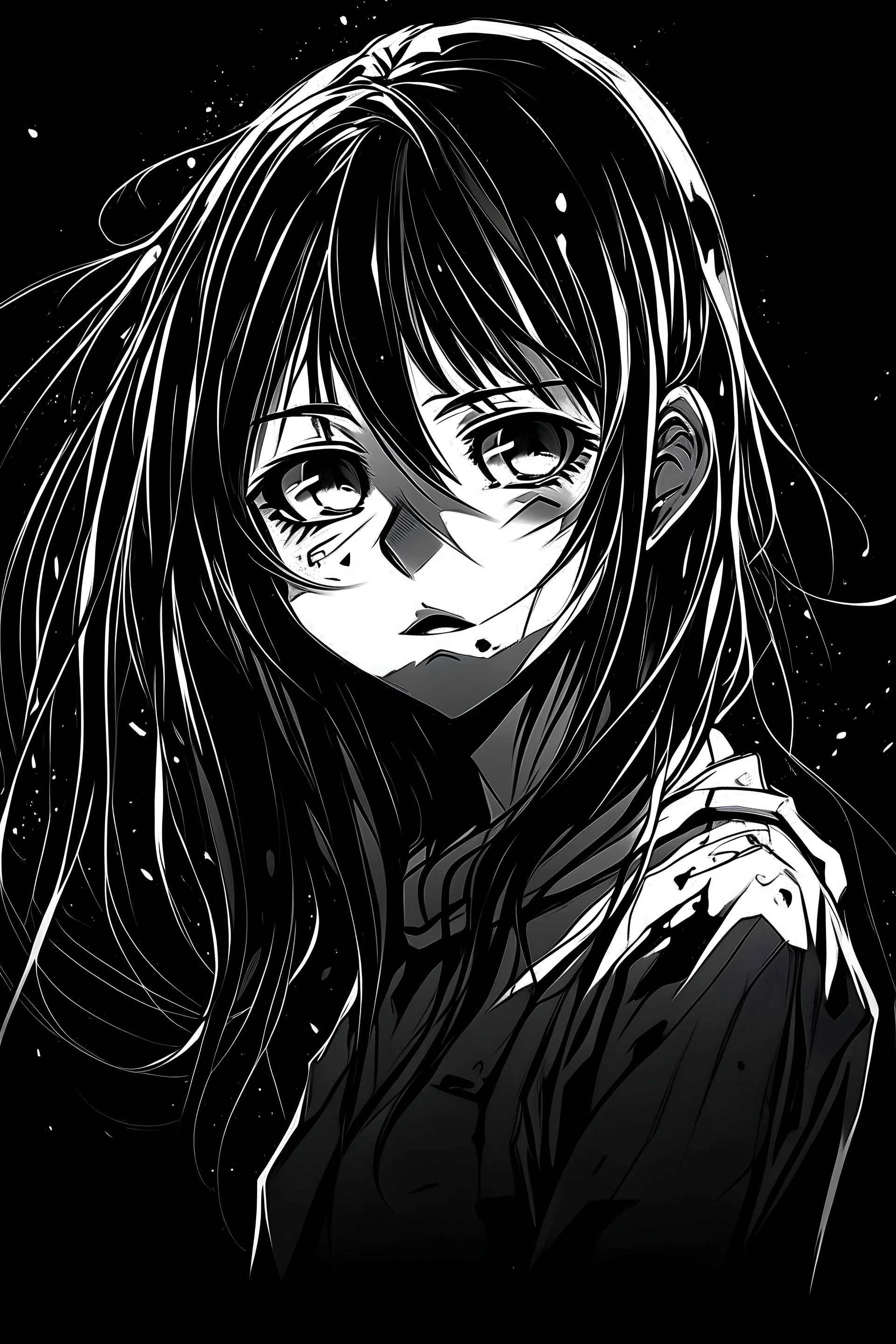 Disfigured anime girl in white and black background, cool aesthetic manga illustration, distorted anime girls, broken sad anime girls, teen anime girls, breakcore, sleep deprived, with eyebags