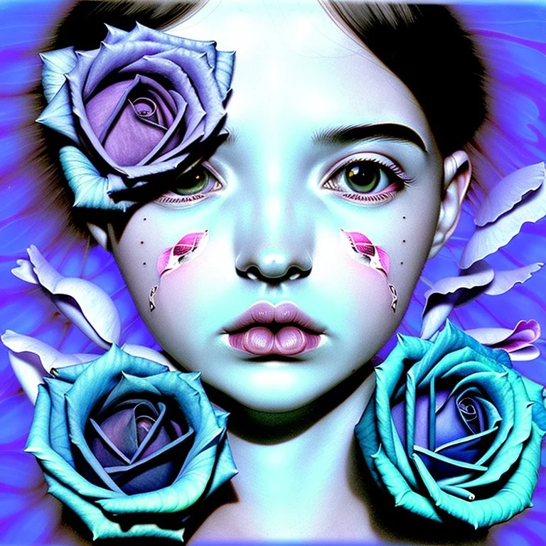 A detailed high quality surreal painting of a delicate, shimmering single blue animorphic rose woman, a small pretty face in its petals, two eyes, pouting lips, delictae nose, background is a blurred black and white hypnotic pattern, very mod, 1960s inspired art, psychedelic, highly detailed conceptual art, mixed media collage, dark fantastical atmosphere, fine lines, dali-esc, beautiful and natural, strange art, optical illusion