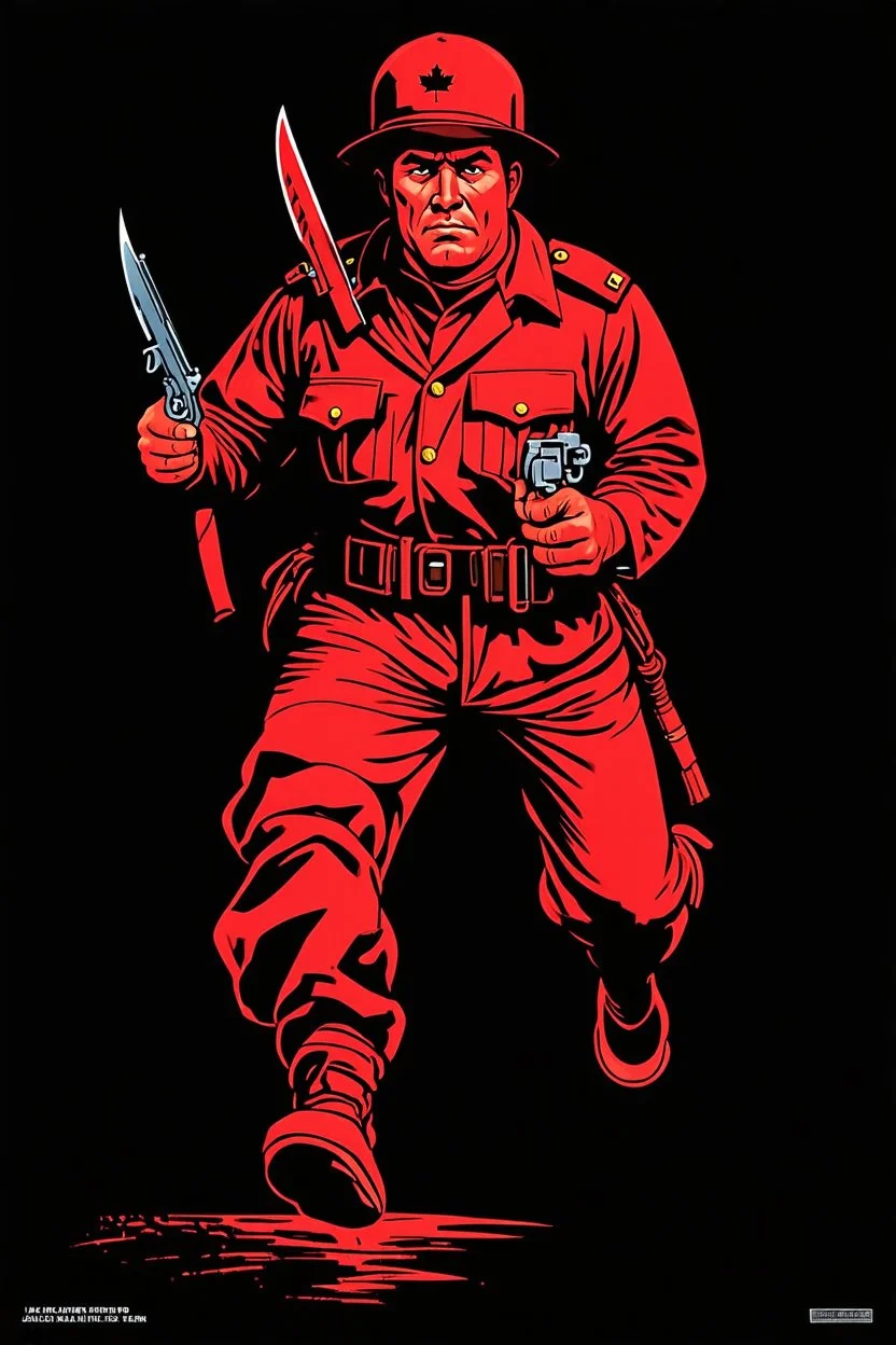native canadian soldier(uniform and face based on racist steriotypes) running towards viewer, a knife i one hand, and a gun(barrel pointing at viewer) in the other. blocky retro 1960's jack kirby style poster in monochrome with white background