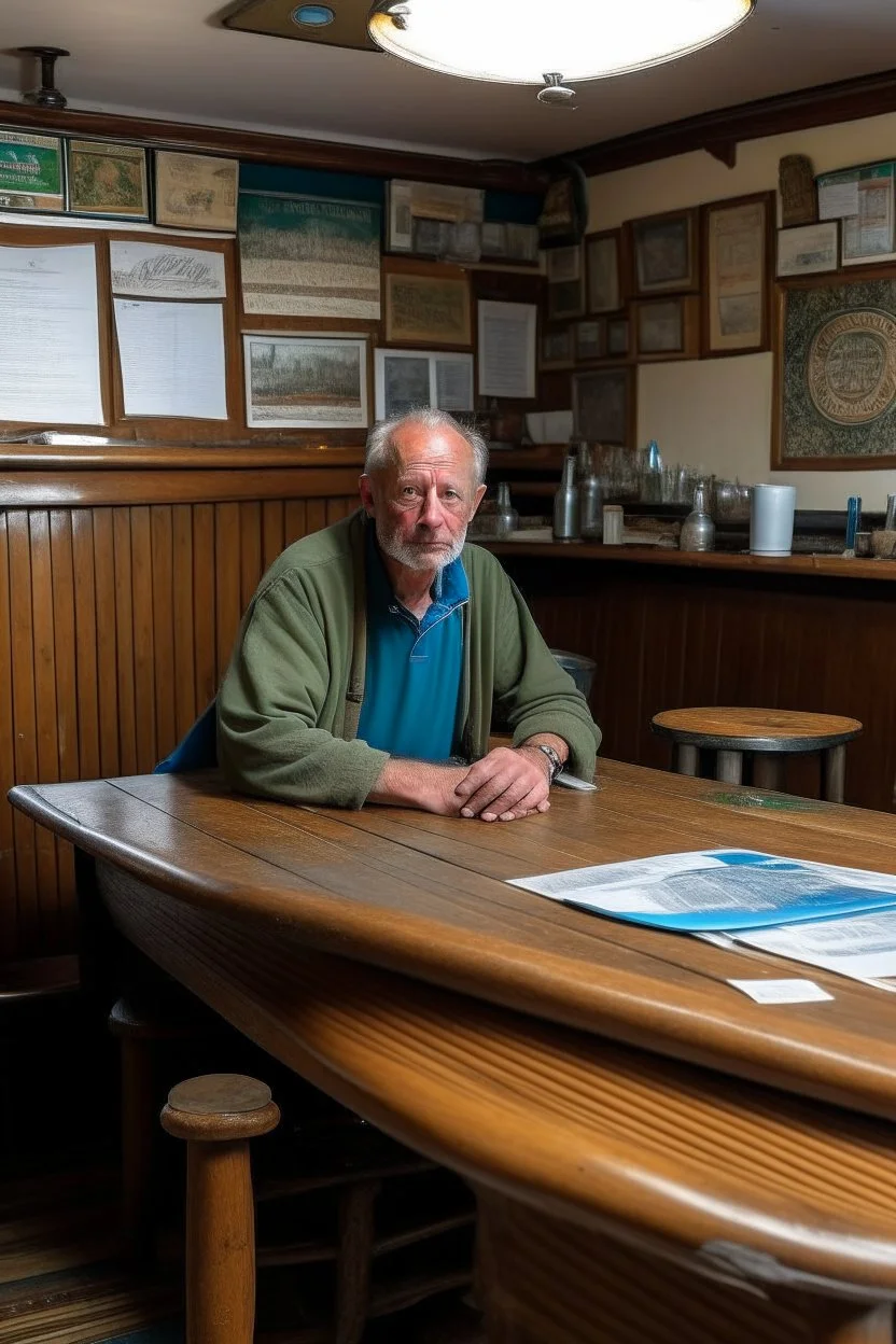bAn innkeeper in the middle of tables in a surfers' pub