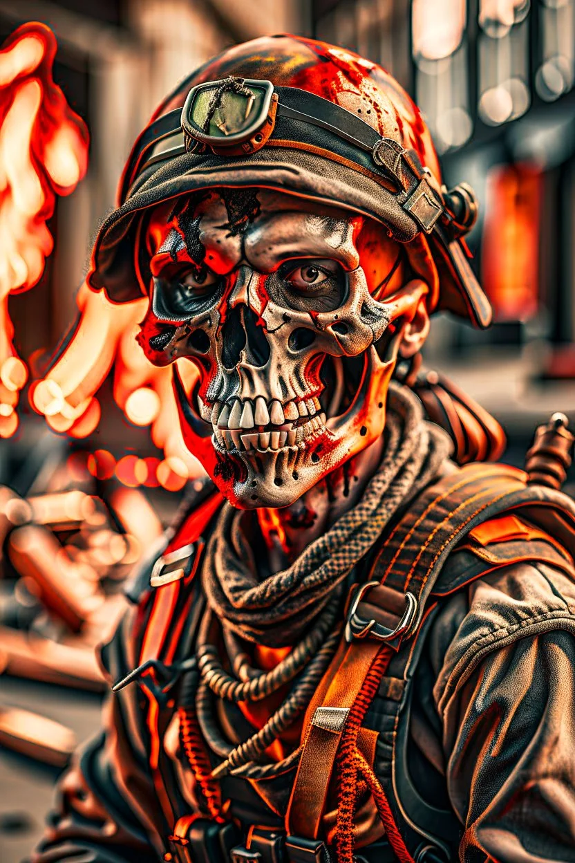 ultra high definition image of an attractive but scary looking skeleton, rising from the ashes, a war veteran, partially humanlike characteristics, army beret and ripped amo wear, very detailed, chaotic background, dramatic close-up action shot of him on a burned out war tanker with a torpedo on shoulder ready to fire and ammo ,gothic and dark theme, 12k