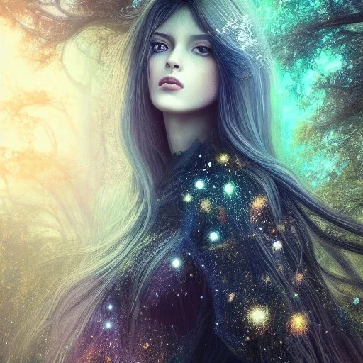 Autoportrait with galaxy beautiful girl ultra-realistic, highly detailed, masterpiece, delicate detailed, sharp focus, insanely detailed, fantasy art, intricate detailed, elegant, fog, Special Lighting, Vibrant, color Scheme, forest, unreal engine 5, trending on artstation