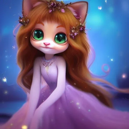 Cute beautiful princess cat girl in a fantasy world; sparkling eyes with beautiful eyelashes, magical world, extremely detailed long curly fur, high quality picture, beautiful full volumetric lighting, cinematic shimmering illumination, brilliant coloring, smooth, sharp focus, crispy quality, vray; Pixar, Disney, Artstation; HD, HDR, SF, CGSociety, 16k, photorealistic, unreal engine