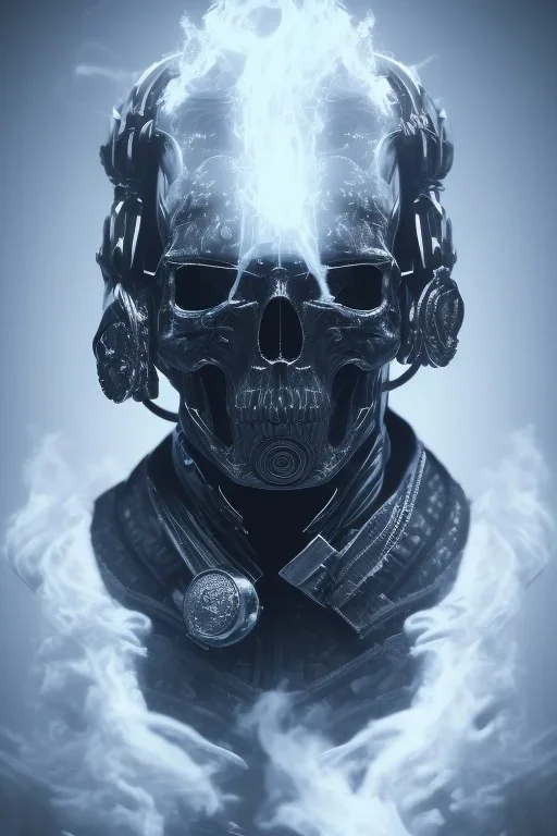 All Black british soldier, ghost, wearing high tech skull mask, white smoke, dark, rage, sorrow, high definition, ultra 8 k, volumetric lighting, blue fire, fog