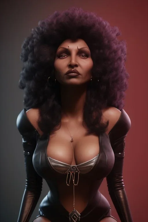 Pam Grier as evil queen in black leather, leather, busty, cleavage, angry, stern look. character design by cory loftis, fenghua zhong, ryohei hase, ismail inceoglu and ruan jia. unreal engine 5, artistic lighting, highly detailed, photorealistic, fantasy