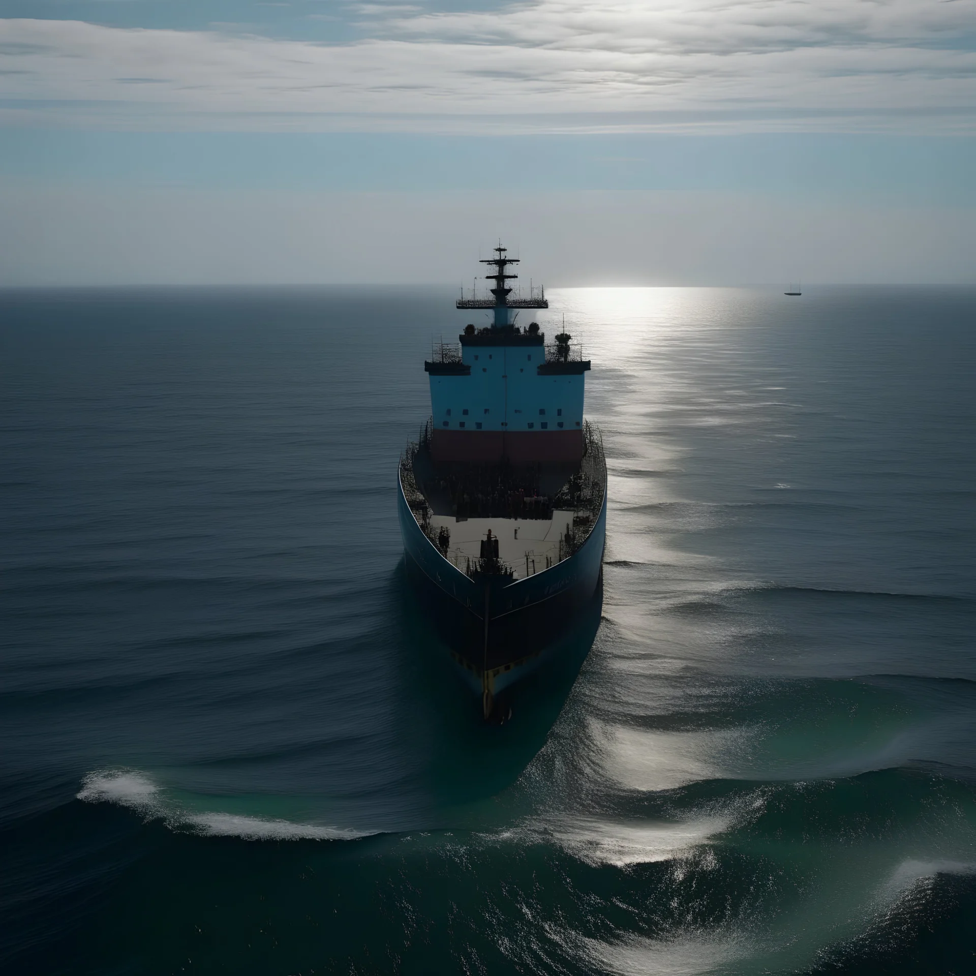 A giant shipment by the middle of the sea, from the front, 8K.