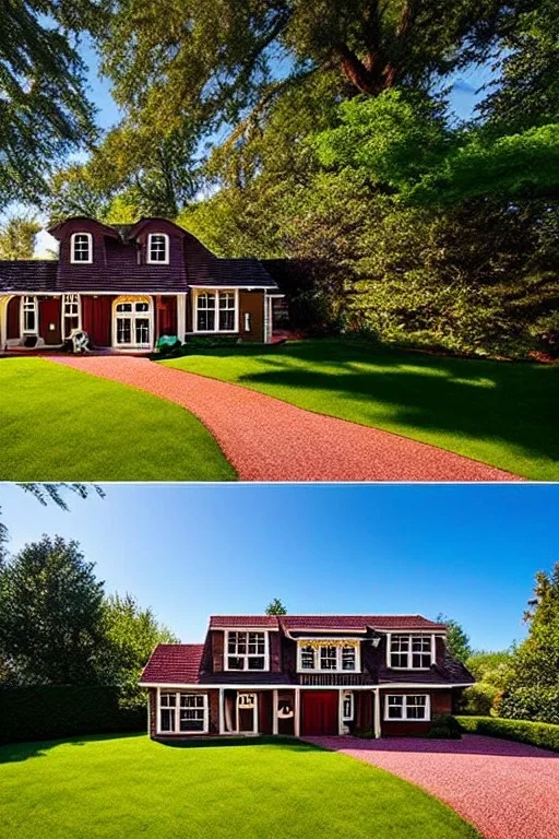 Gingerbread house, "house for sale" sign beautiful surreal building in a landscape, luxury residential property, real estate photography, cosmic sky, detailed, realistic, natural light, full color, dreamscape aesthetic, surreal fantasy building, HD photography, house and garden, dwell designs, architectural digest