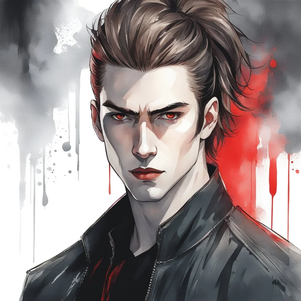 A portrait headshot of a confident looking young man with pale skin, red eyes, and long brown hair pulled into a ponytail in a dark modern setting with intricate details. He is wearing black and red casual clothes, an air of malevolent power surrounds him. watercolor splash art