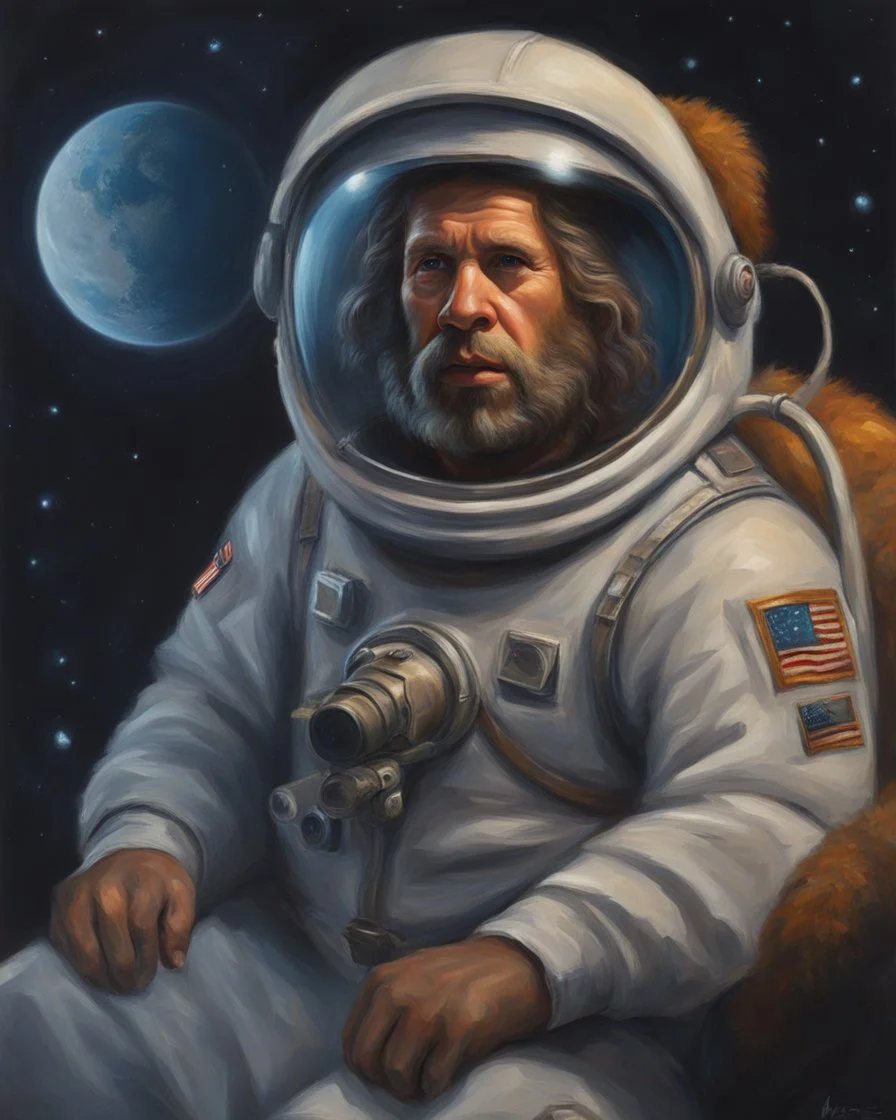 Hombre de Neandertal con traje de astronauta Pintura al óleo Arte digital 8k