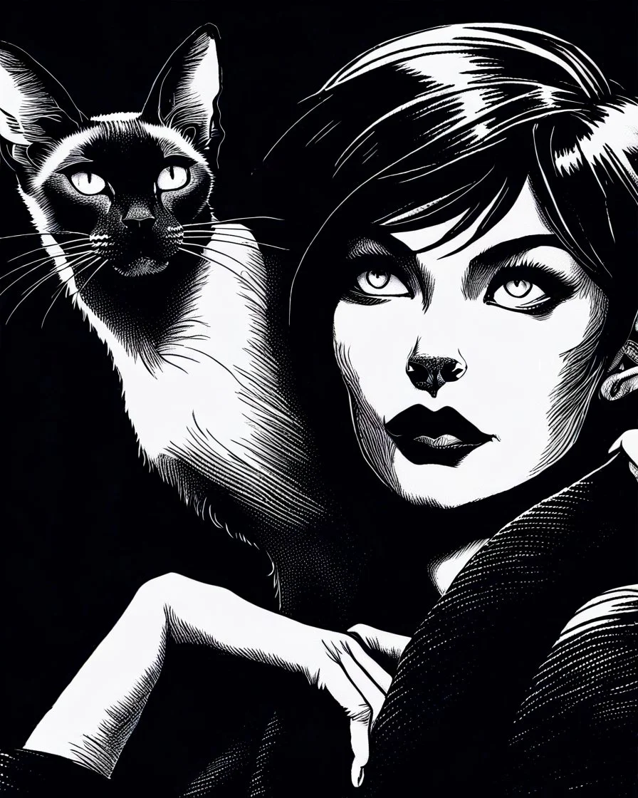 PROMPT: Monochrome ink illustration of a mature woman with long silver hair, eyes gazing upward, lips parted in thought, a Oriental shorthair Siamese cat draped on shoulder, staring sideways with sly expression. Deep shadows emphasize contours and texture. Bold hand-drawn lines, scratched ink details, black background creates isolation. Gothic comic aesthetic, vintage pulp tone, emotional stillness, surreal tension, expressive portrait in graphic noir style