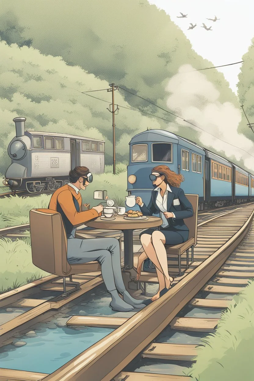 2 people are sitting on a train track, having tea at a round table; they have wet suits on with flippers and dive goggles; a steaming train is coming right towards them