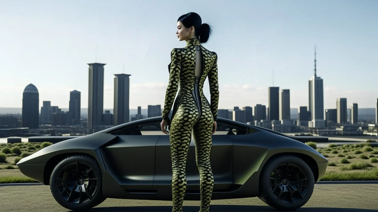 Tall thin women, with straight black hair, dressed in a camouflaged jumpsuit, looking out from the rear of a futuristic aircar, on a tarmac runway, with a city skyline in the distance