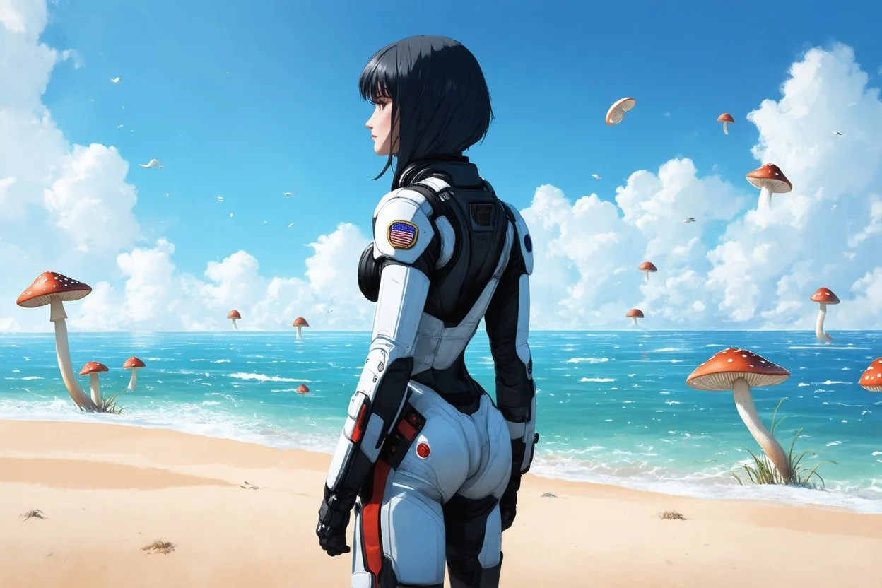 Slim woman with black hair in a space suit, looking out over a sandy beach next to a sea, with flying mushrooms with tentacles.