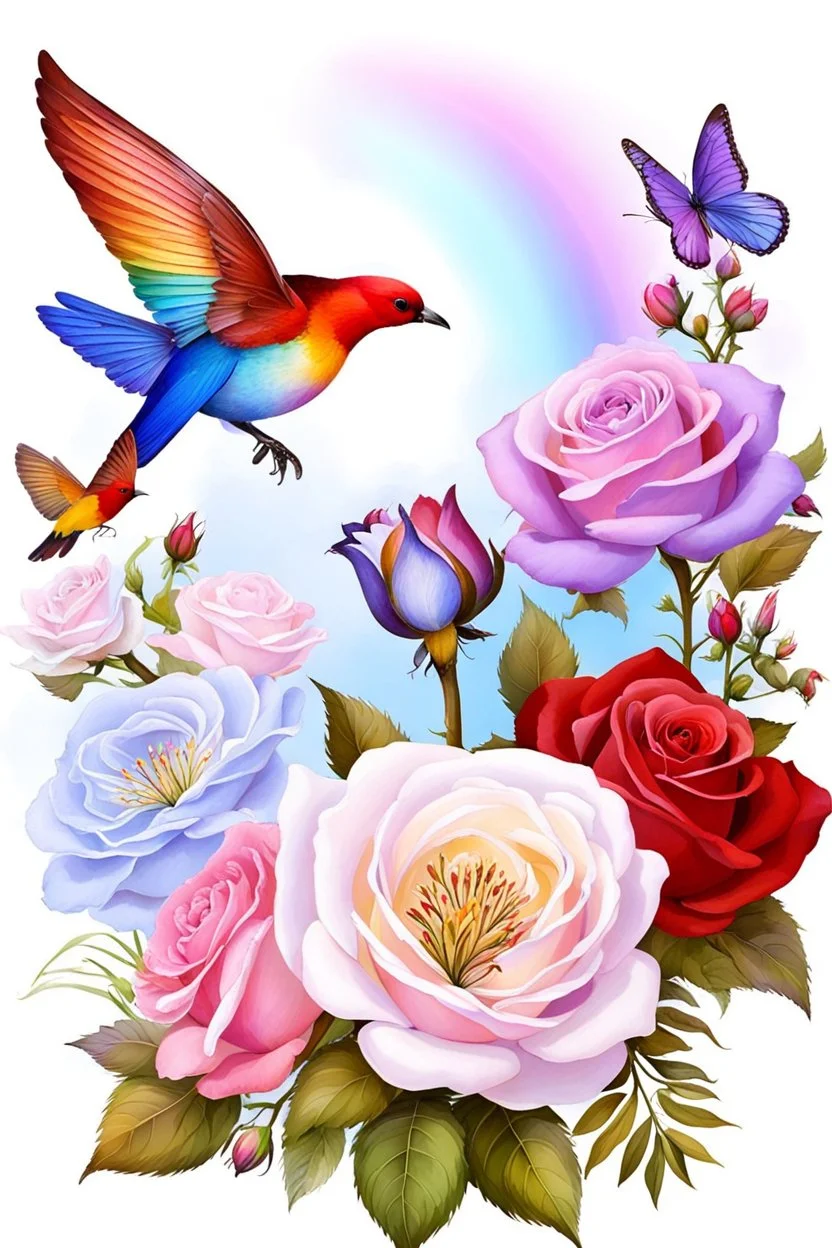 Trés belles roses, rainbows, beautiful colors gardens , flowers, cascades,Birds, butterfly