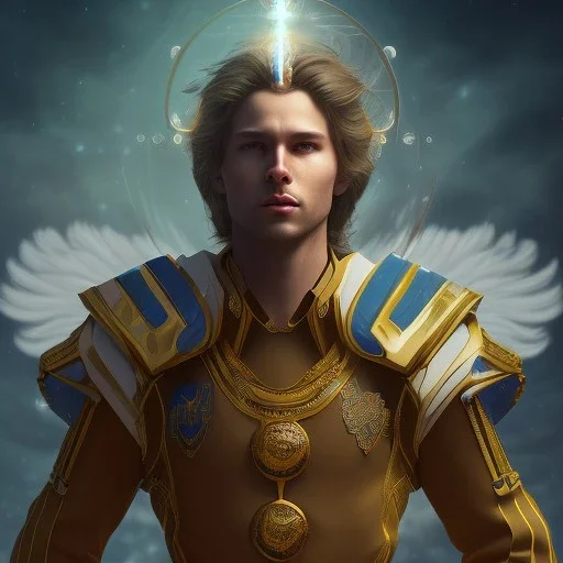 The first image is of the main character's full body. He’s to look like a powerful angel, symbols on his hands glowing, His background should be that of space above with stars and standing on a paradise of a planet. His belt can transform into a white dragon.