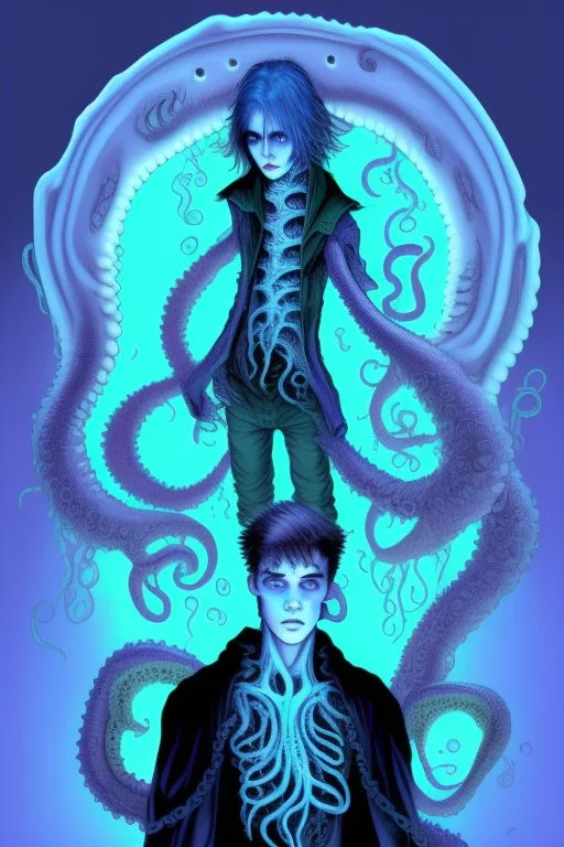 16 year old boy warlock with milky blue eyes, and fanged tentacle growing out of his belly. in the style of HR Giger
