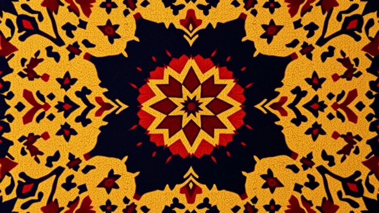 Front Symmetrical View Of Ethnic Cultural Pakistani Sindhi Ajrak Pattern. Using Colors Golden, Navy-Blue, Maroon And Black With a Hexagonal Shape In The Exact Center And Middle.