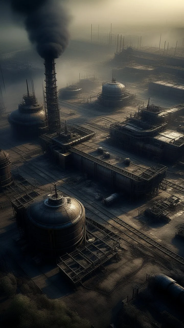 A bird view , An oil refinery and nuclear power station tanks and buldings , surrounded bard , with old abandoned buildings .surrealism of the dark of a nightmare ten miles high and six foot deep, hyper photorealistic, hyper detailed dark art color, high resolution, fog, octane render, tilt shift, HDRI Environment, all pictures dark gray and brown