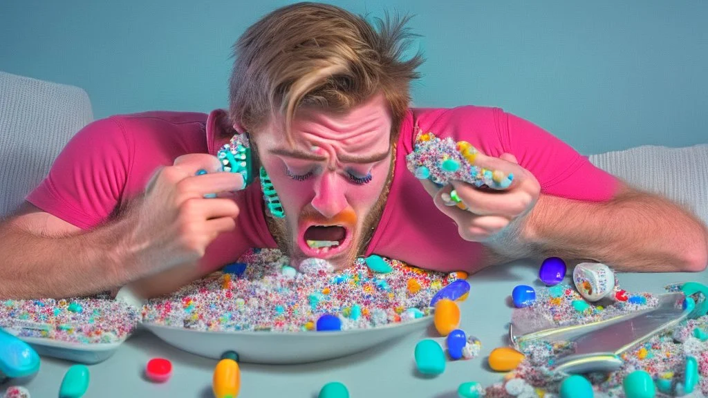 guy frantically eating a lot of pills while on the phone