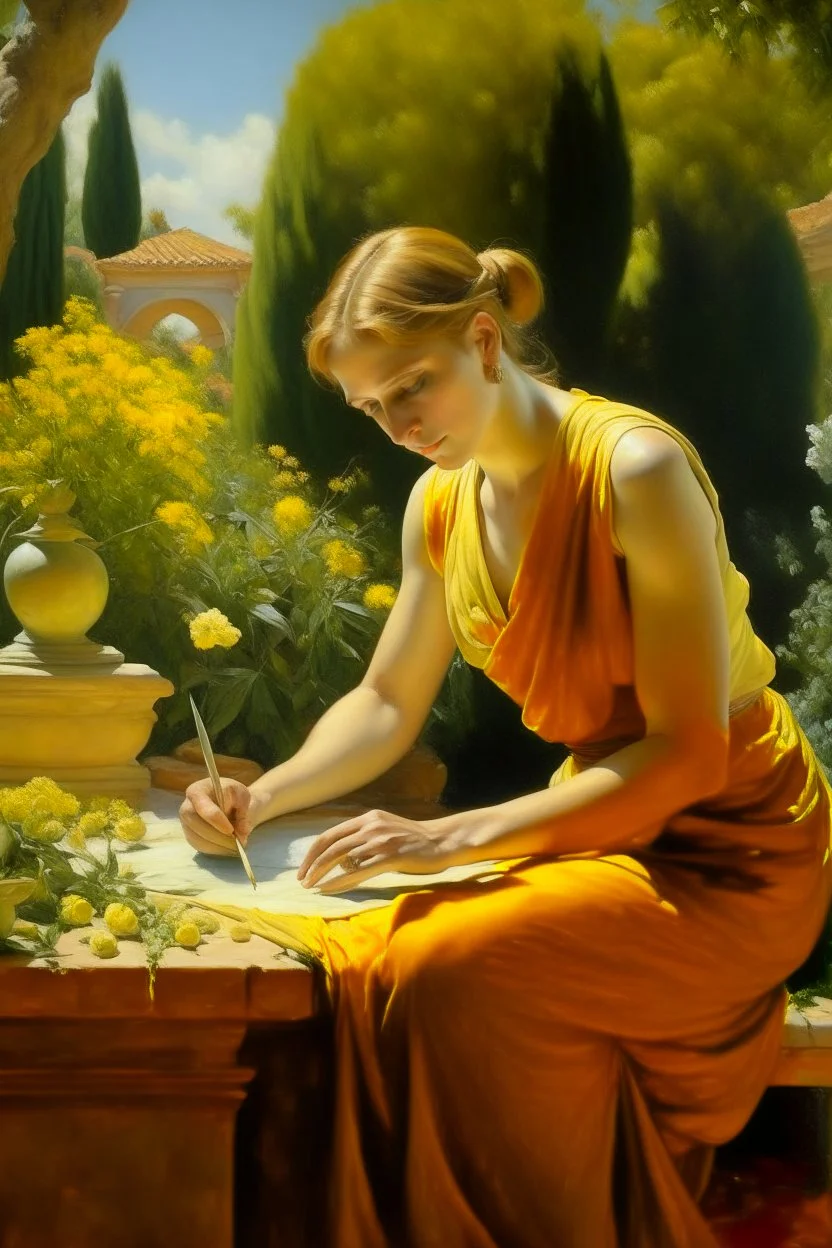 Neoclassicism woman working in the garden painting yellow realistic cote d'azur