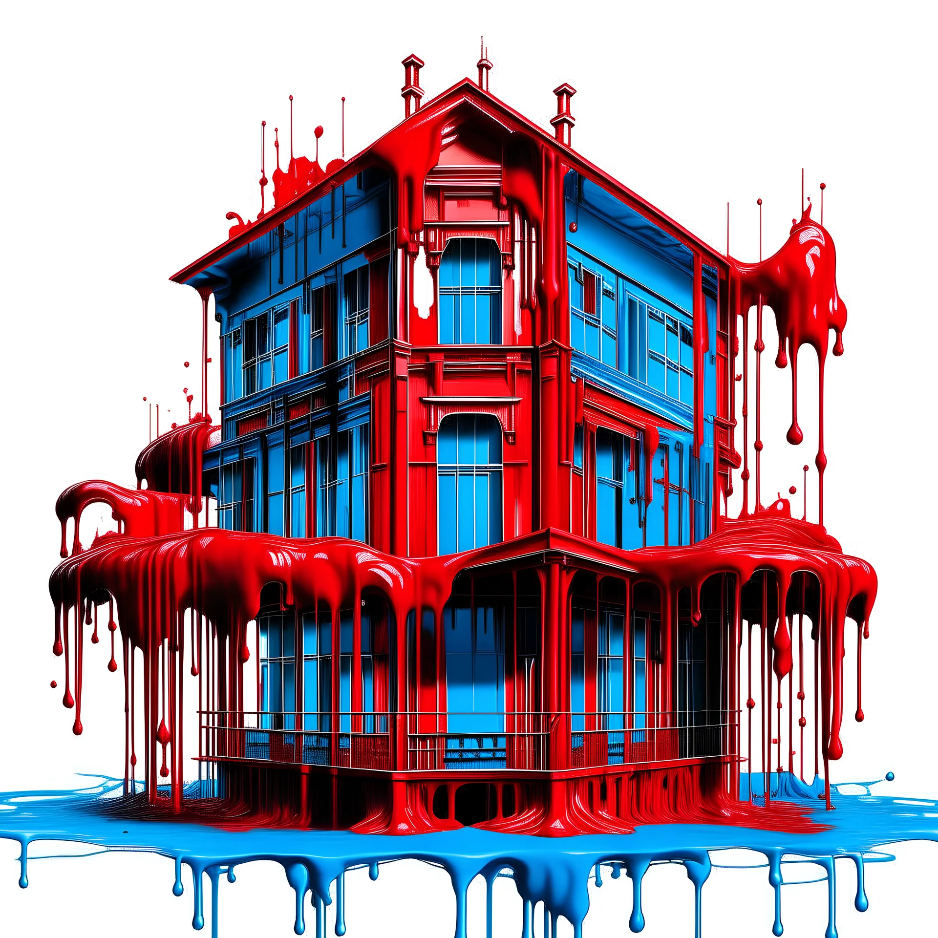 RED INK DRIPPING FORMING BUILDING LIKE STRUCTURES AND BLUE STREETS