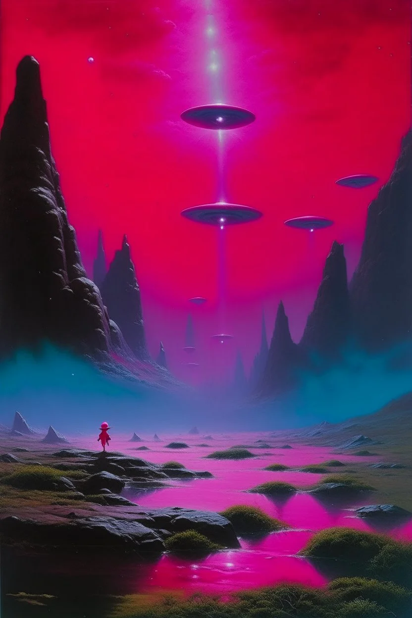 A purplish magenta outer space with UFOs designed in native American petroglyphs painted by Birge Harrison