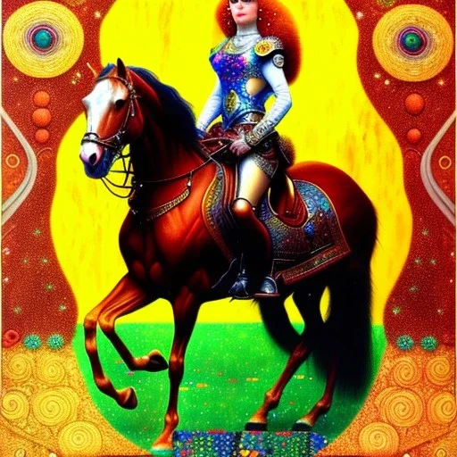 Retrato Épico al oleo de cuerpo entero de Red Sonja a caballo estilo de Gustav Klimt 4k