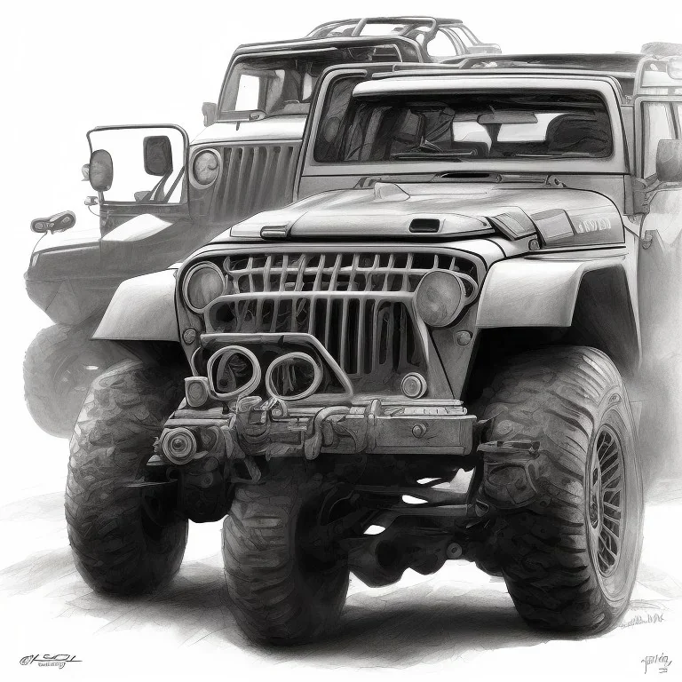 technical concept study, pencil sketch, inspired from Vintage Jeep, Toyota 4x4