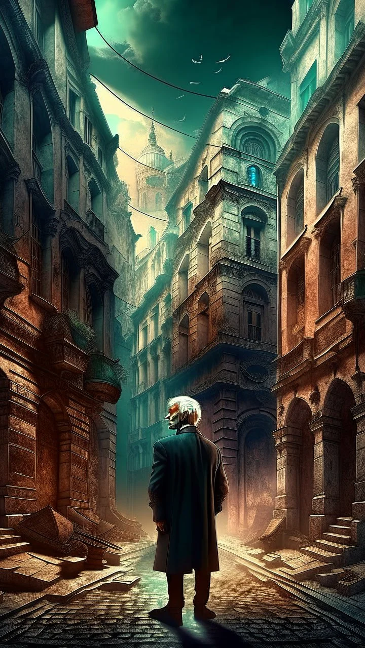 Old city ,minimalism, surreal a banker minimalist surreal surrounding background, surreal lonely depth,deep soul spirit,fantasy surreal geometry,flat,utopia,album art,cover art,album cover,cinematic,8k,epic movie still,sharp focus,by Gustav Klimt,pascal blanche,rutkowski,repin,artstation hyperrealism painting concept art of detailed character,design matte painting,leaf