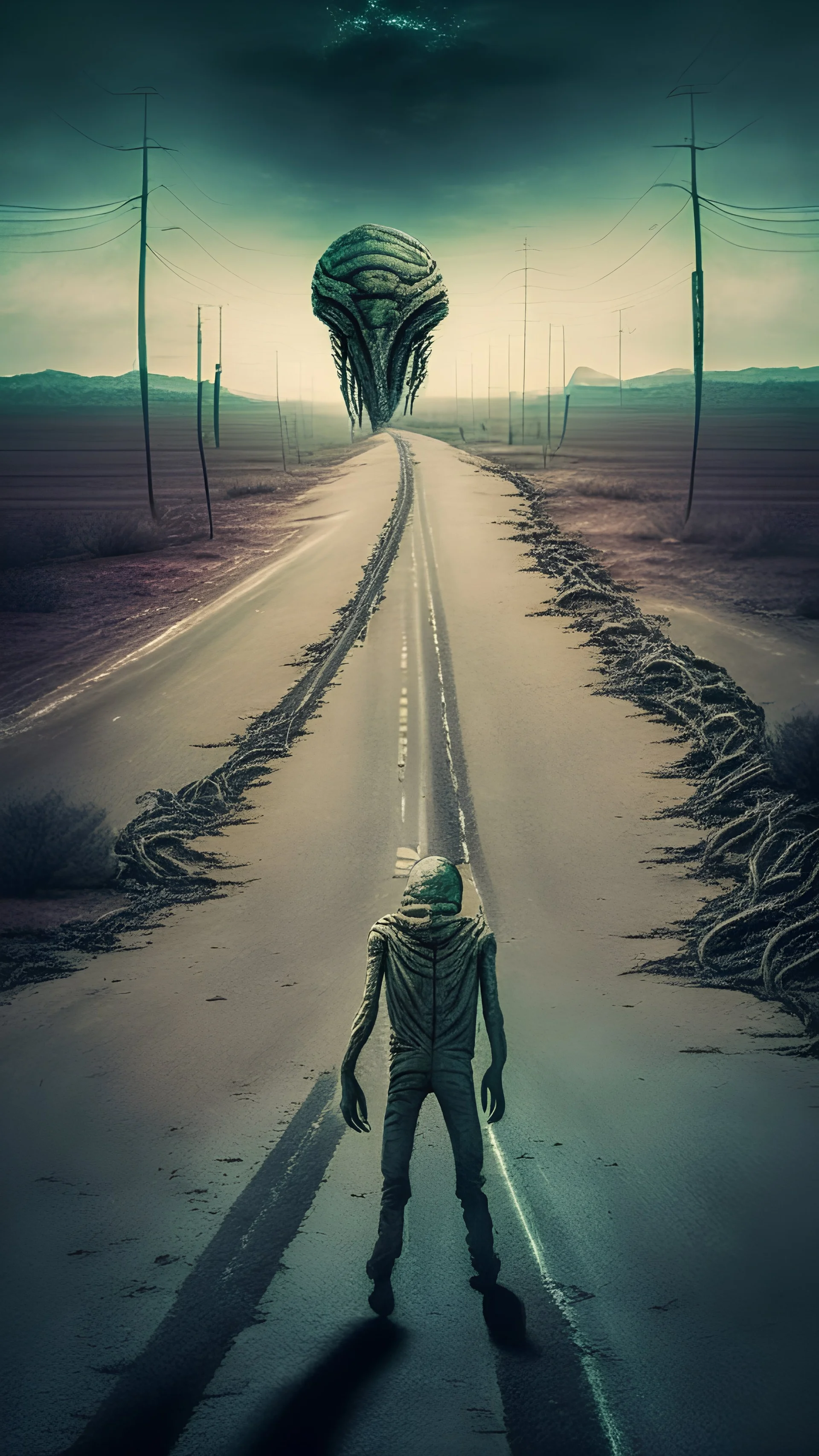 alien ruined road with man