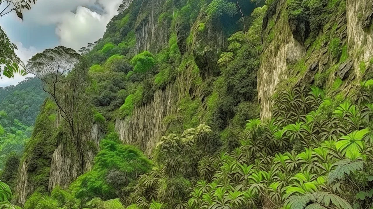 flat wall of rock in the jungle at the foot of the mountain