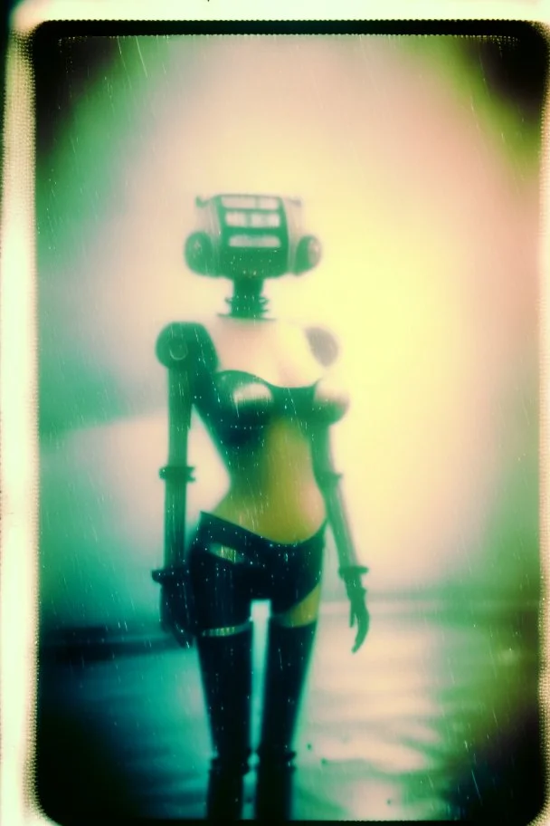 steampunk, vintage analog polaroid of a woman robot, female body, fog, lomography, heavy film grain, rain, color bleed, depth of field, bokeh, retro