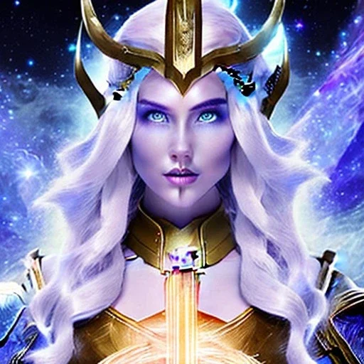 cosmic mage, elf, female, battle mage, epic, cosmic magic, long ears, white hair, face details, pale skin, jewellery, broad shoulders, sharp ears, cosmic clothes, cosmic eyes, ears shown, light out of eyes, the cosmos in eyes, stars in eyes, shining eyes, non human face, thin face, animation, detailed ears, magical eyes, non realistic, closed mouth