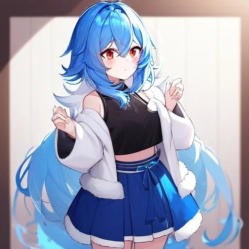 Clear focus, High resolution, rough line art, cute, cartoon, medium blue hair, hair between eyes, fluffy hair, red eyes, wearing a black sleeveless crop top, wearing a white jacket thats of her shoulders, wearing a blue skirt, cutsleeves blue strap and white color, intricately detailed outfit