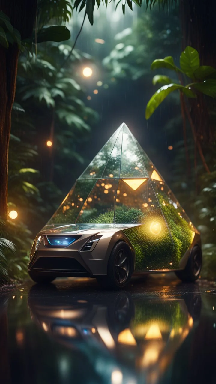 a car shaped like a bucket tetrahedron without a top in dark lit reflective wet jungle metallic hall dome hotel tunnel, in the style of a game,bokeh like f/0.8, tilt-shift lens 8k, high detail, smooth render, down-light, unreal engine, prize winning