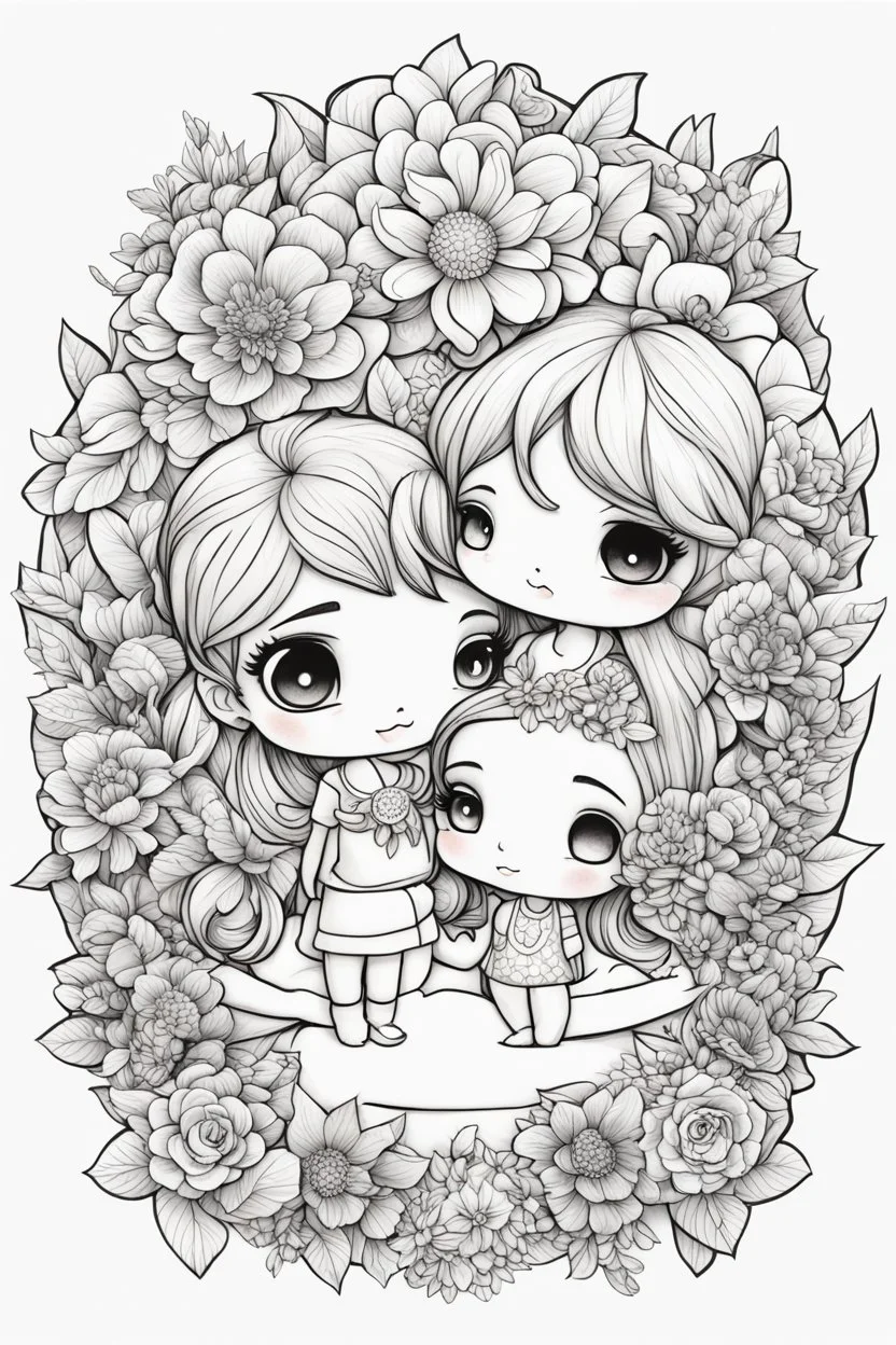 create a outlined coloring page of a chibi cartoon characters of a couple surrounded by flowers. Pay attention to the details of the faces and flowers and the emotions conveyed by the couple. White background, sketch style, half of body, use outline, Mandala style, clean line art, no shadows, no coloring, no shading, no grey.