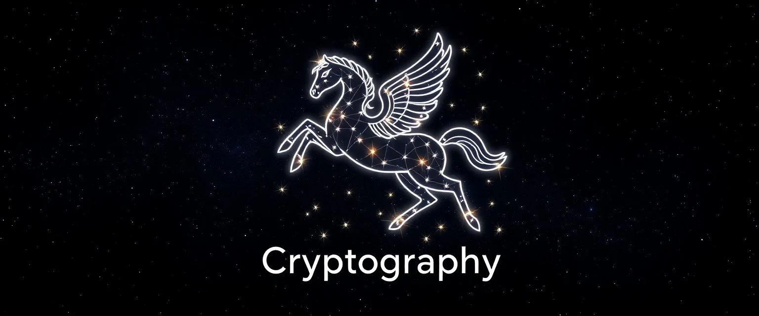 A star constellation in the form of a Pegasus in front of a deep space. Glowing lines connecting the stars that form the constellation. Digital Art. Digital Drawing. Logo. Icon. The word Cryptography is under the Pegasus, also formed by stars and lines