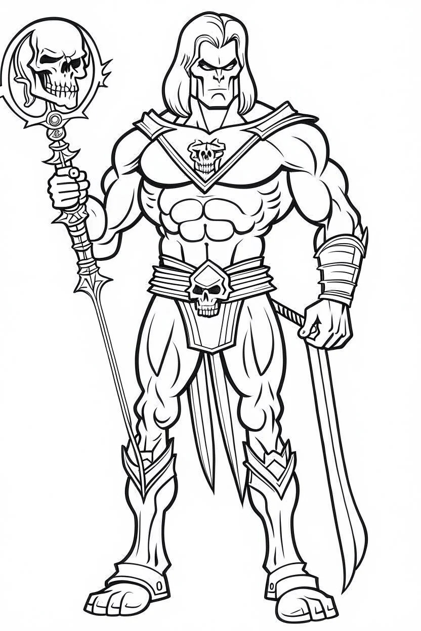 he-man, realistic, each unique, flat vector, full view, only draw lines, clean line art, –no sketch, white background, minimalistic black lines, minimal black color, coloring page, thin black line art, perfect shape, perfect clear lines,