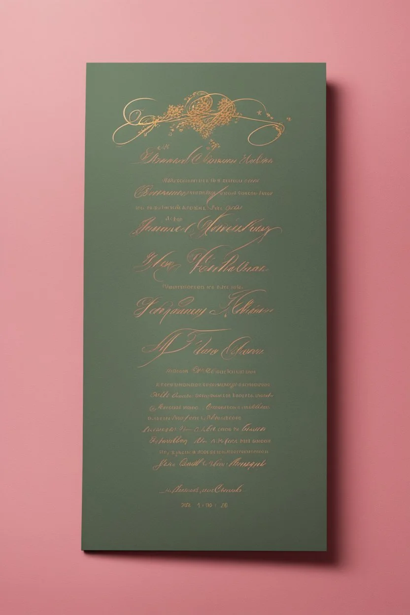 An extremely formal, funeral program written in French for a black woman on salmon pink deeply pigmented velvet paper with brilliant, brightest heavy golden greenish calligraphy fonts, simple, minimalistic, less element, very dramatic lighting