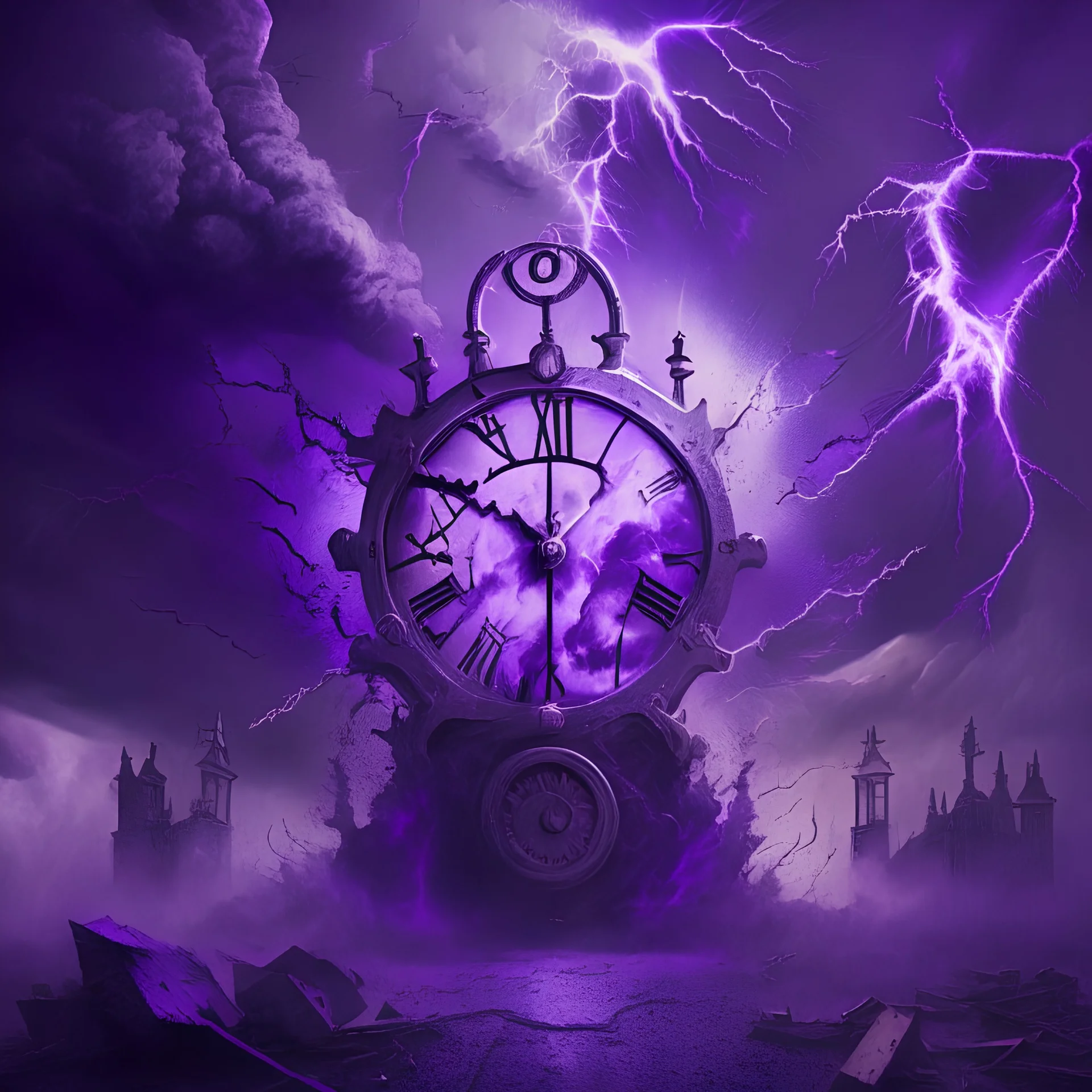 A violet Hardstyle time Travel clock in hell with lightnings, electric power and dust