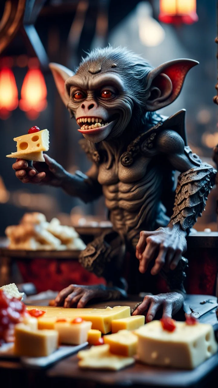 full body portrait of a vampire werewolf gremlin gargoyle monkey eating cheese doodles and the blood of fish on a viking ship, in the style of Giger,bokeh like f/0.8, tilt-shift lens 8k, high detail, smooth render, down-light, unreal engine, prize winning